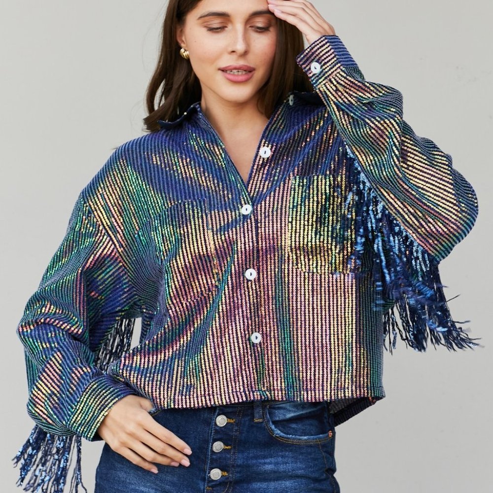 GeeGee Full Size Multicolored Glitter Fringe Trim Shirt